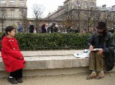 Abigail having portrait drawn outside Notre Dame